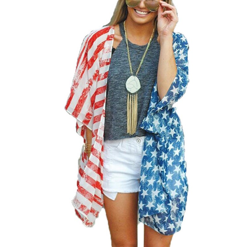 Askwind 4th of July Women's American Flag Print Kimono Cover Up Tops Shirt (A1) - Image 1